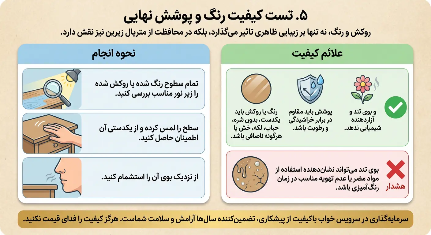 راهنمای تصویری تست کیفیت رنگ و پوشش نهایی سرویس خواب؛ بررسی یکدستی سطح و عدم بوی نامطبوع