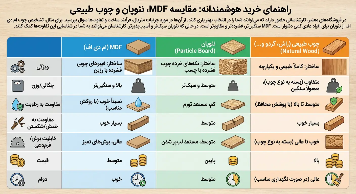 جدول مقایسه تفاوت&zwnj;های چوب طبیعی، ام دی اف (MDF) و نئوپان در ساخت سرویس خواب از نظر دوام و قیمت