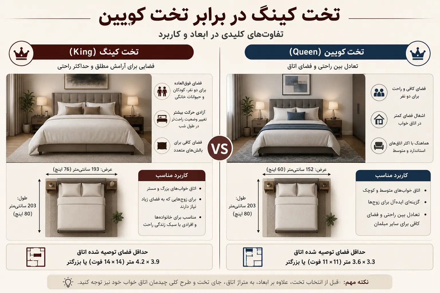 تخت کینگ در برابر تخت کویین: تفاوت&zwnj;های کلیدی در ابعاد و کاربرد