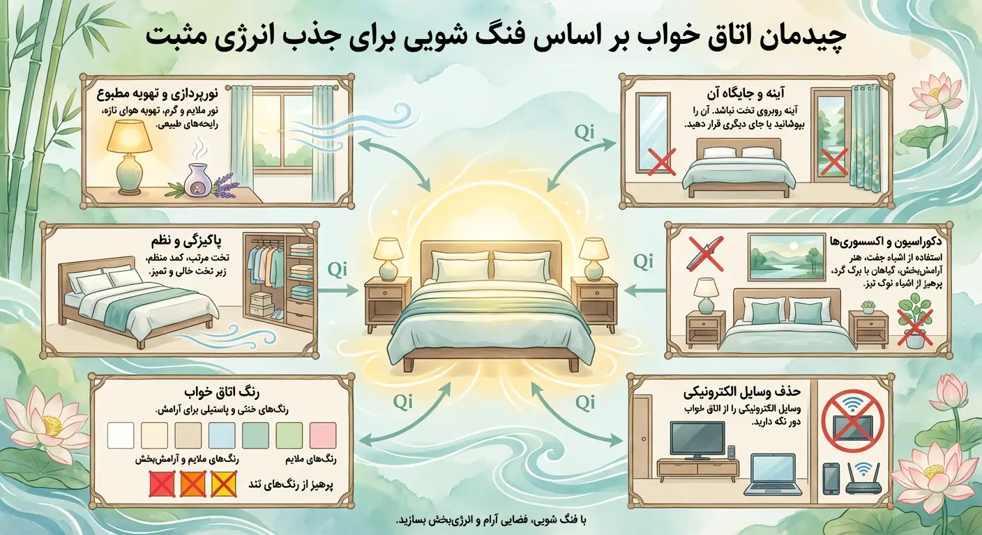 اینفوگرافیک جامع نکات کلیدی چیدمان اتاق خواب برای جذب انرژی مثبت بر اساس اصول فنگ شویی