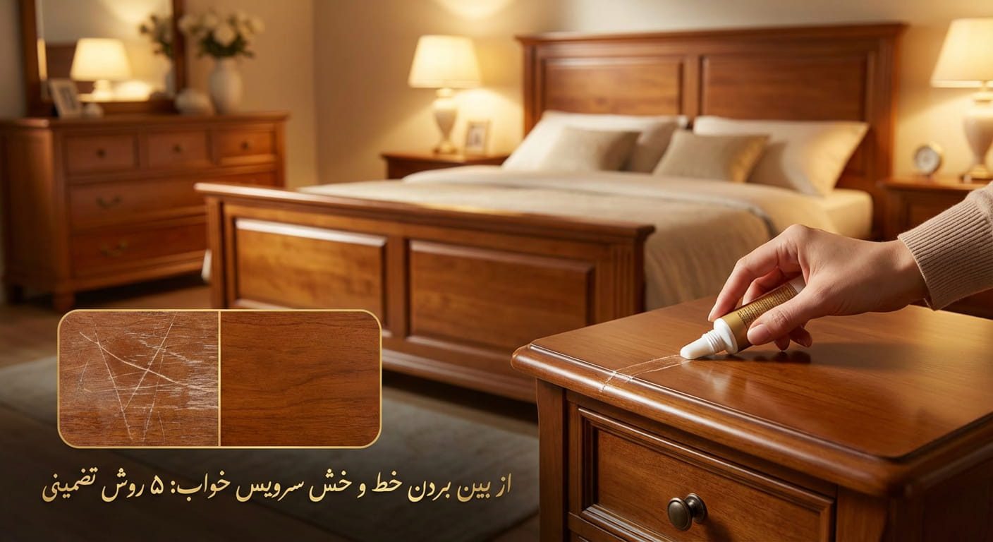 استفاده از کرم خش&zwnj;گیر برای از بین بردن خط و خش روی پاتختی سرویس خواب چوبی