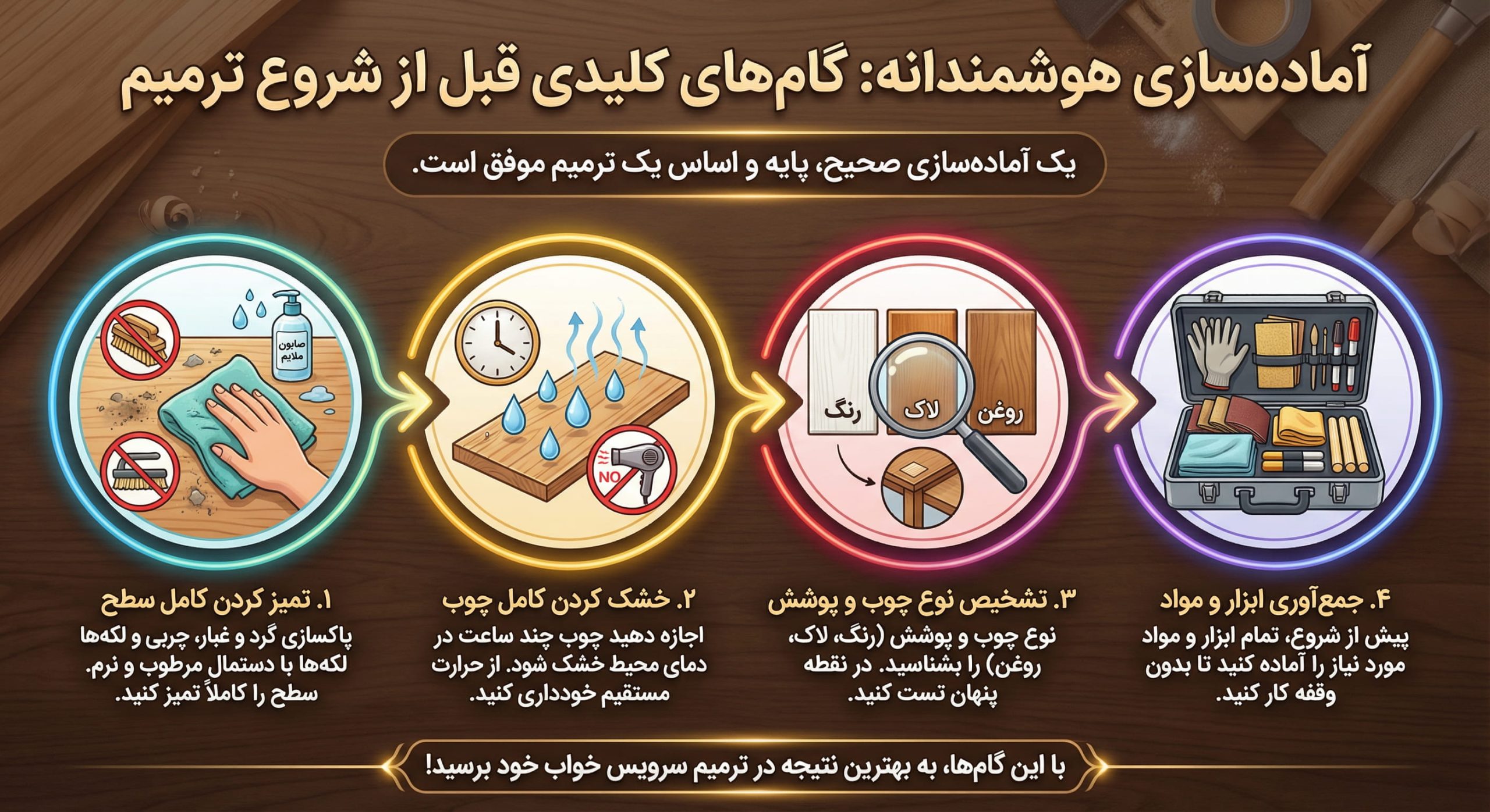 مراحل آماده&zwnj;سازی سطح چوب قبل از تعمیر شامل تمیزکاری، خشک کردن و تشخیص نوع رنگ