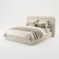 تخت خواب فلورانس با طراحی مدرن و پارچه کرم، کوسن‌های طوسی و کرم از زاویه سه‌ربع در استودیو