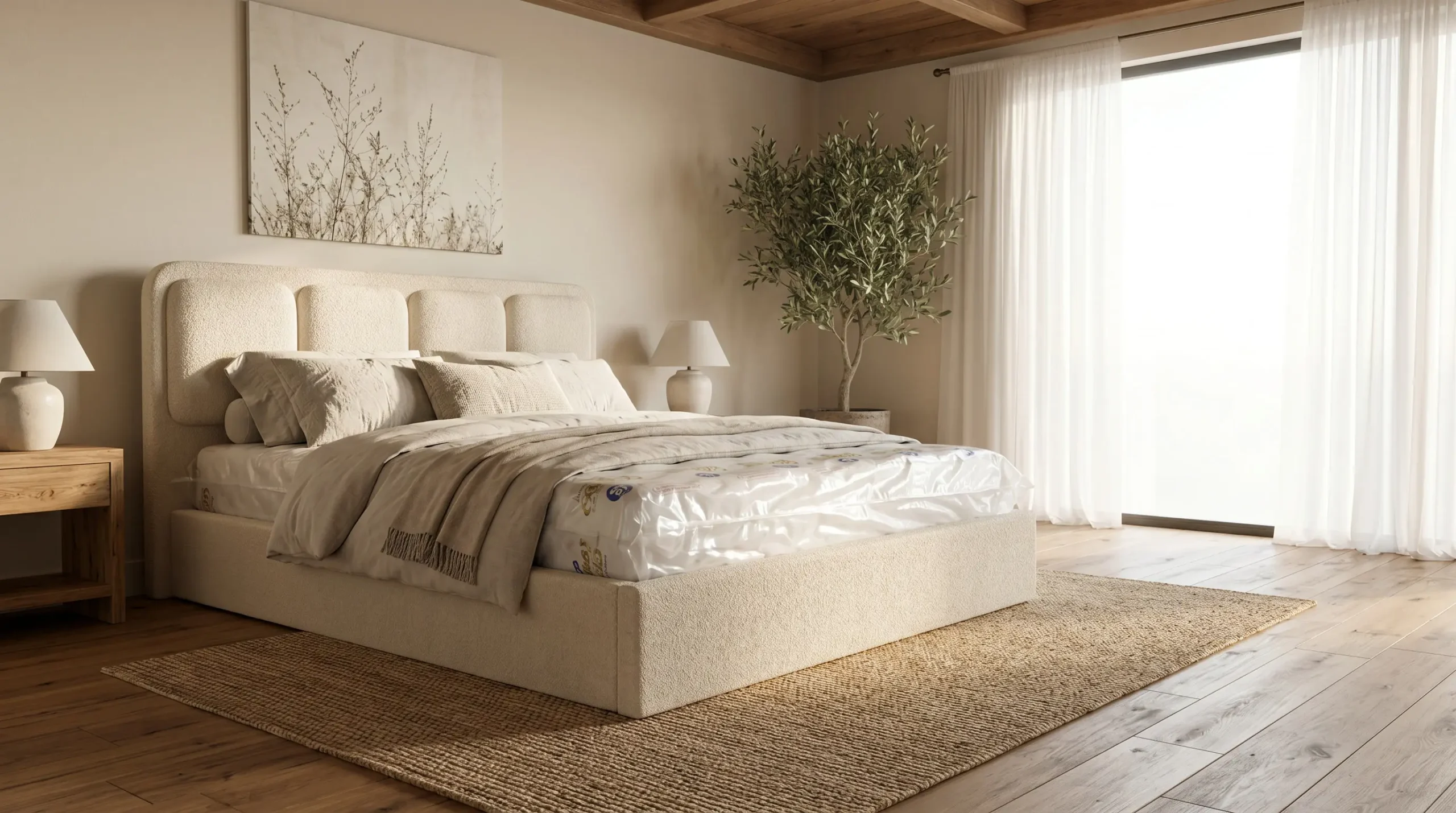 تخت خواب میلانو در اتاقی گرم با سقف چوبی، پرده روشن و نور نرم روز