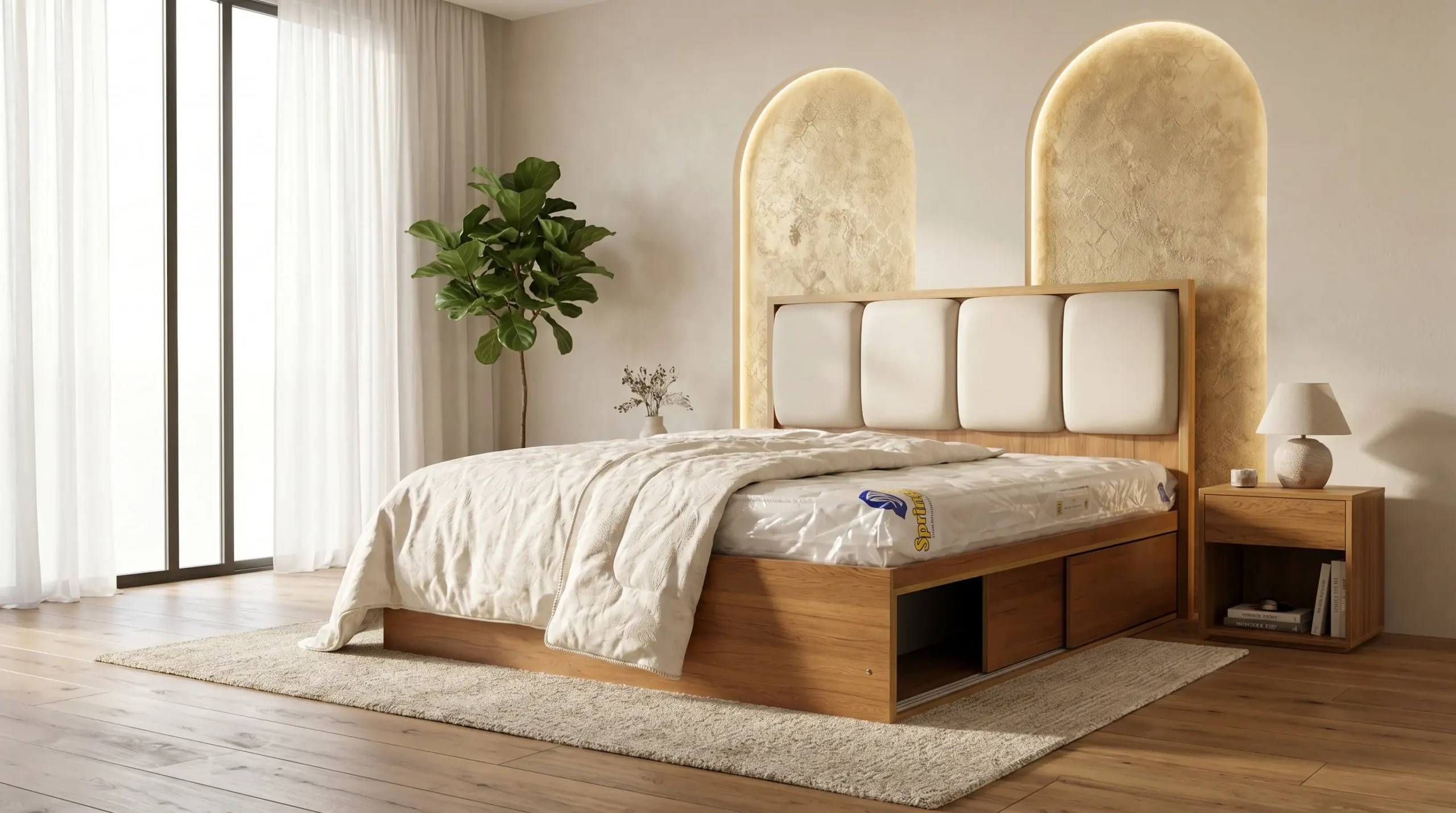 تخت خواب سلین با تاج پارچهای کرم و بدنه چوبی روشن در اتاقی با نور طبیعی و گلدان سبز کنار پنجره