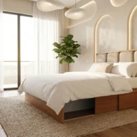 تخت خواب سلین در نمای روبه‌رو از زاویه کمی مورب؛ هدبورد پارچه‌ای چهار بخش با فریم چوبی و دو ستون تزیینی بلند در دو سمت، همراه با روتختی سفید، بالش‌های کرم و باکس‌های کشودار زیر تخت